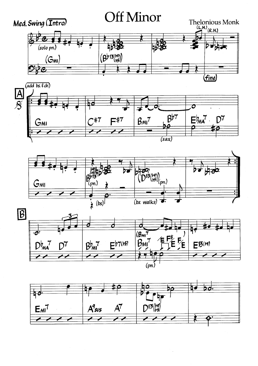 Ноты джазового стандарта: Off minor (Thelonious Monk)