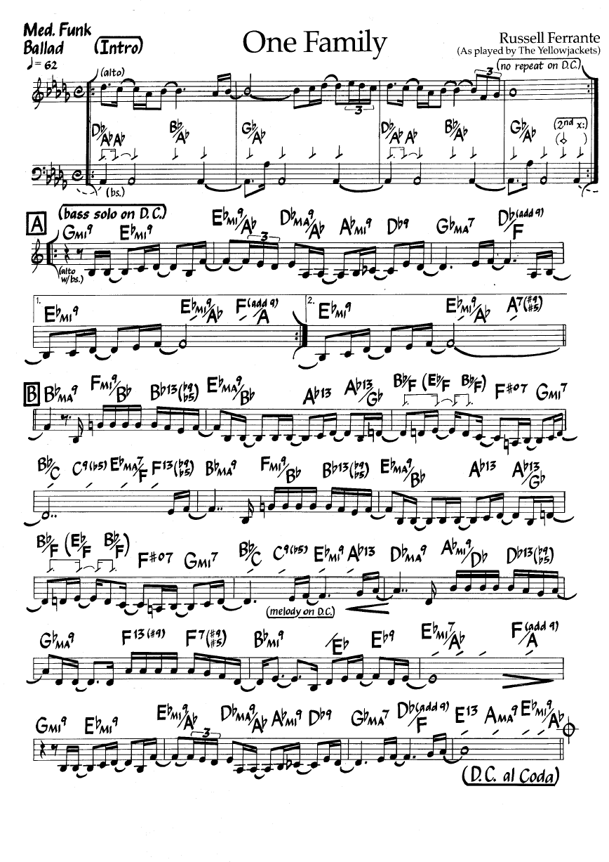 Ноты джазового стандарта: One family (Russell Ferrante)