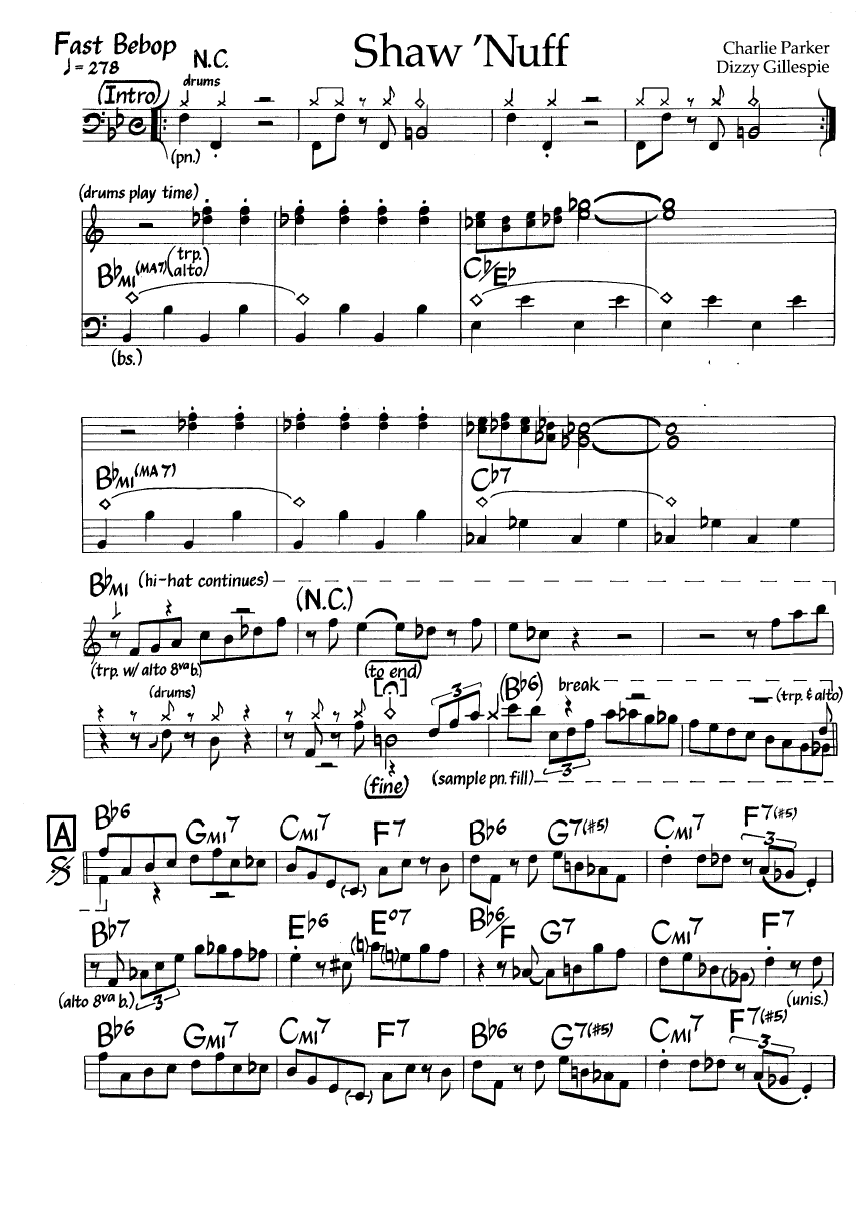 Ноты джазового стандарта: Shaw nuff (Charlie Parker/Dizzy Gillespie)