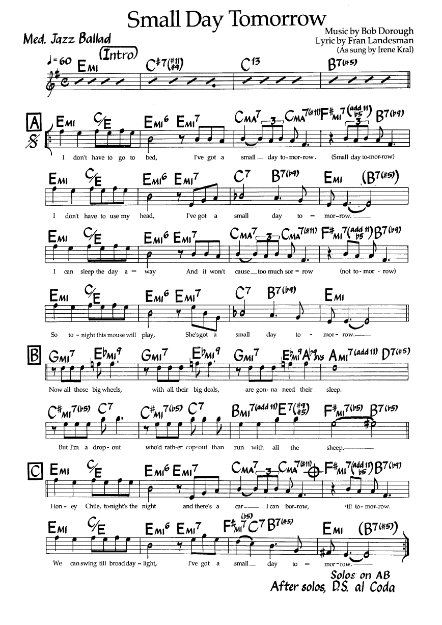 Ноты джазового стандарта: Small day tomorrow (Bob Dorough/Fran Landesman)