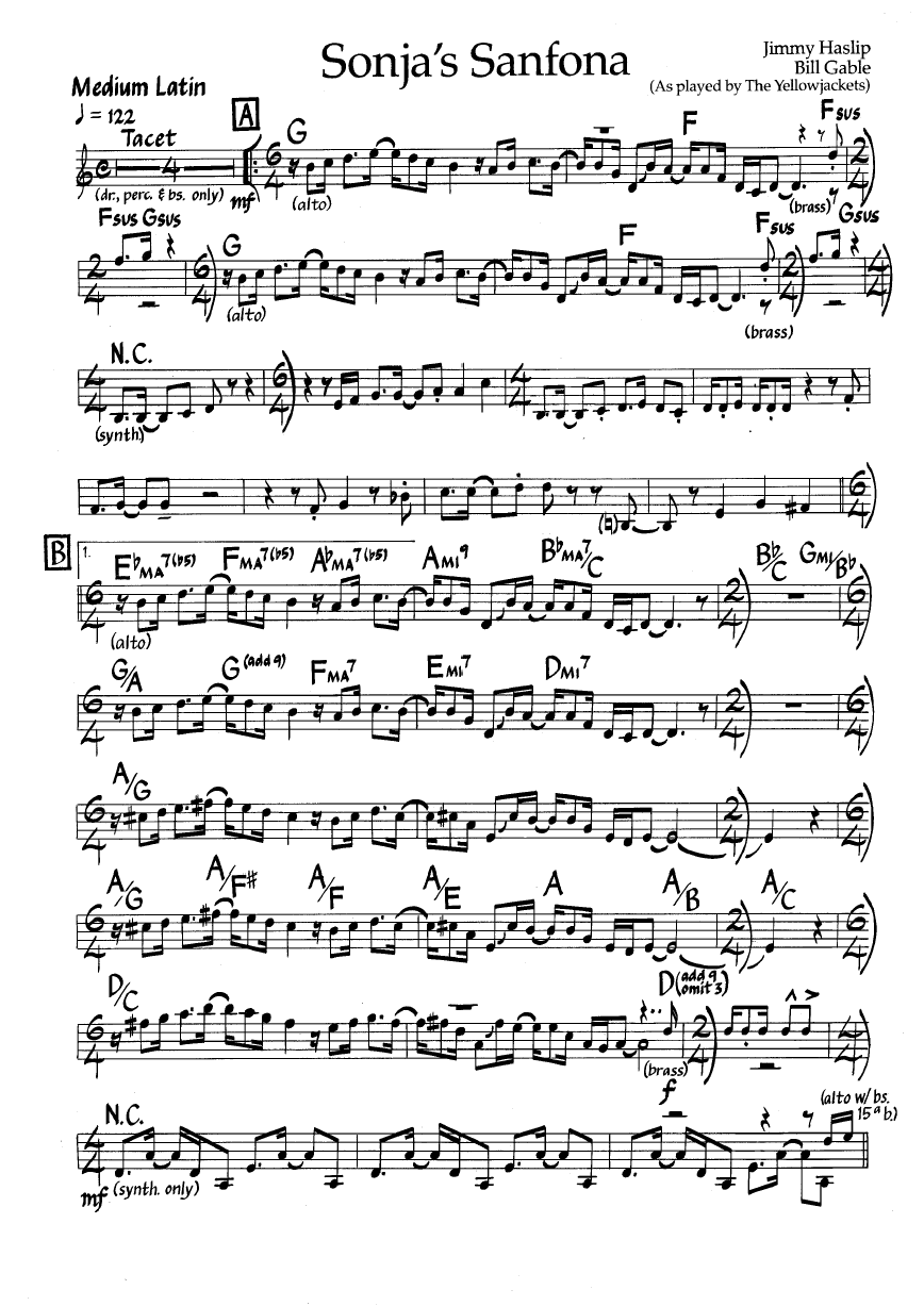 Ноты джазового стандарта: Sonja's sanfona (Jimmy Haslip/Bill Gable)