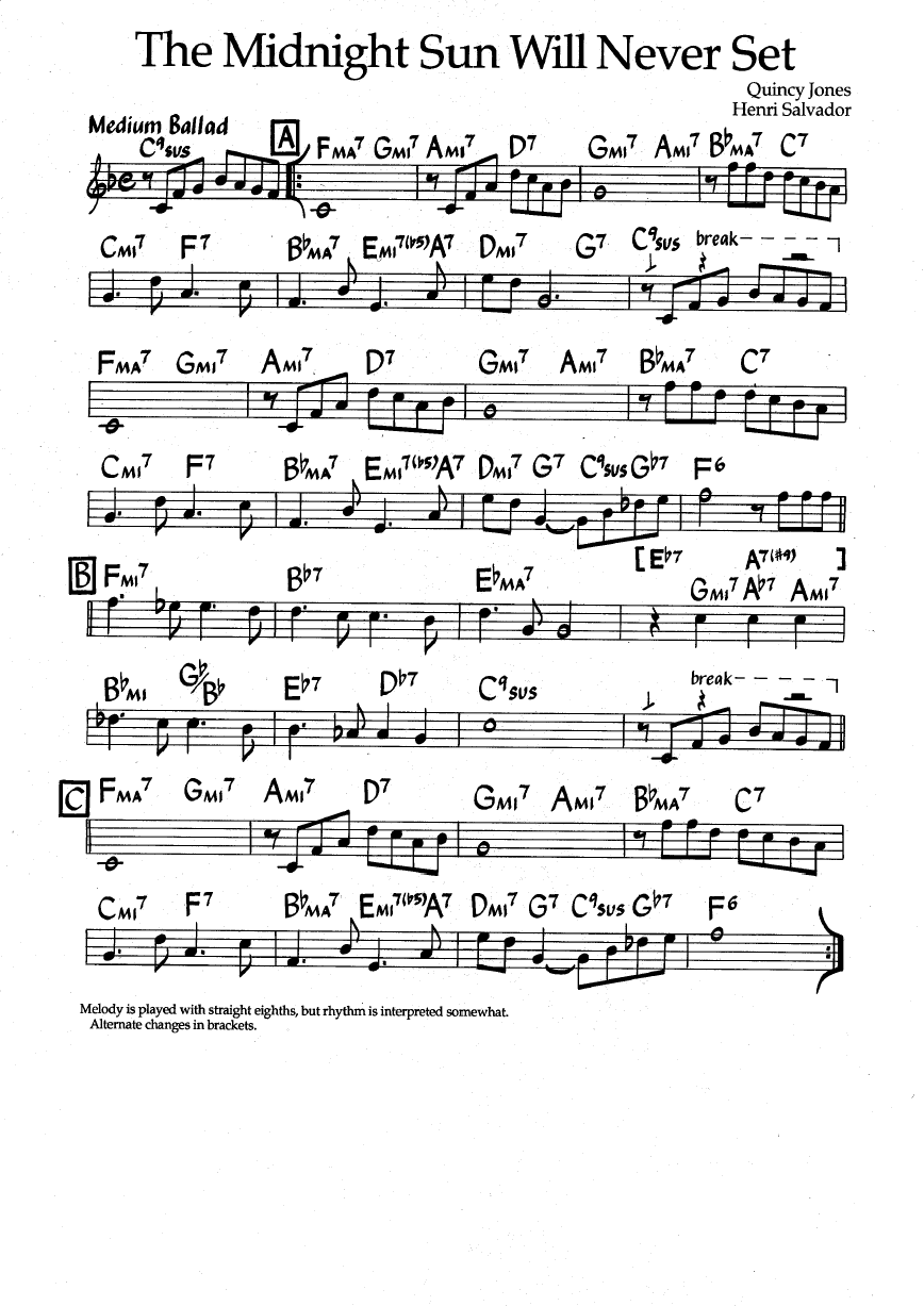 Ноты джазового стандарта: The midnight sun will never set (Quincy Jones/Henri Salvador)