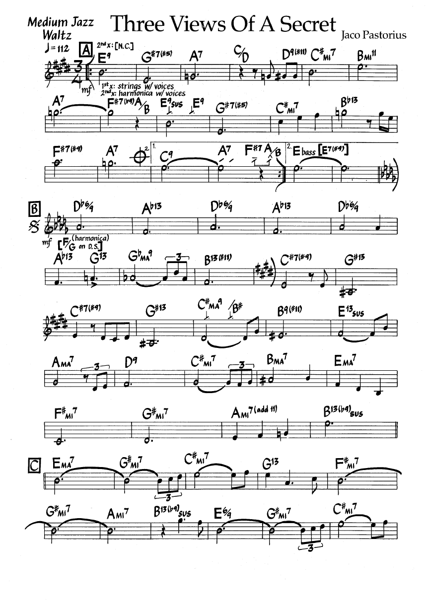 Ноты джазового стандарта: Three views of a secret (Jaco Pastorius)