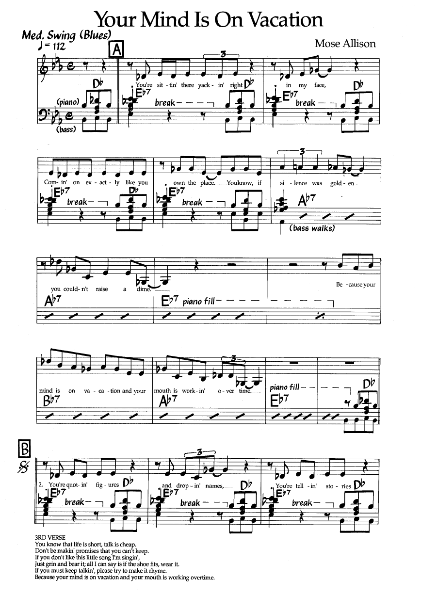 Ноты джазового стандарта: Your mind is on vacation (Mose Allison)